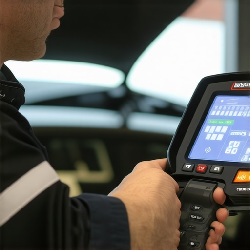 Using an Advanced OBD-II Scanner Mechanic diagnosing a vehicle with a high-tech OBD-II scanner in a workshop environment.