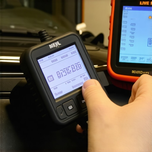 Person performing vehicle diagnostics with a professional OBD2 scanner in a garage.