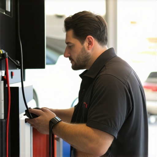 Person diagnostic testing a car using an OBD-II scanner in a garage