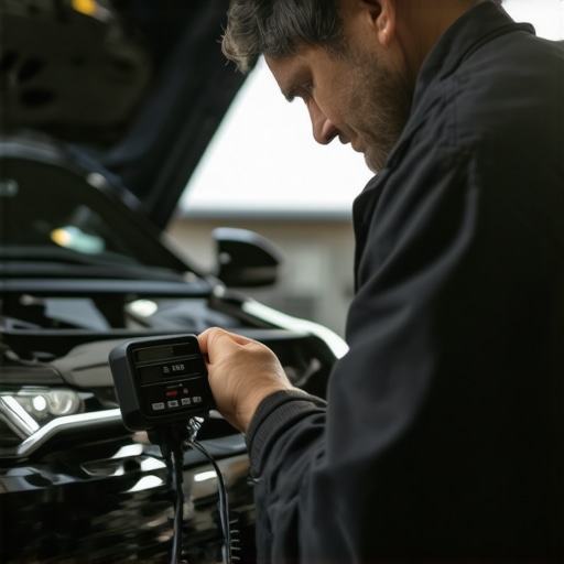 Using an OBD2 Scanner for Vehicle Diagnostics A mechanic's hand holding an OBD2 scanner connected to a car's port in a garage with diagnostic screens in the background.