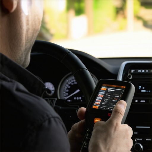 Vehicle Diagnostic Scanner in Use Mechanic inspecting vehicle diagnostics with scanner
