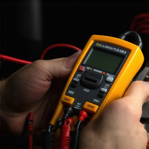 Vehicle Diagnostics Tools in Action Mechanic testing vehicle electrical systems with a multimeter and diagnostic scanner