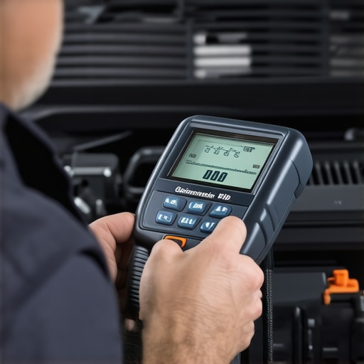 Mechanic inspecting a car's engine with diagnostic tools in a repair shop.