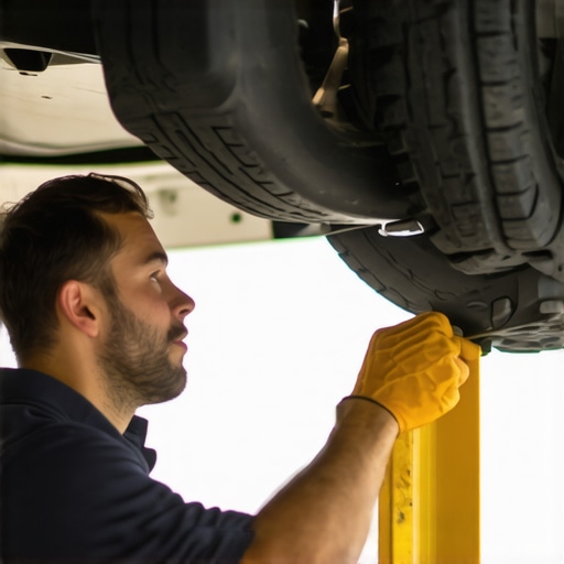 Person checking suspension parts under car with lifted vehicle