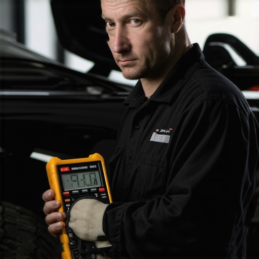 Mechanic using a scan tool near a car brake booster to diagnose a vacuum leak.