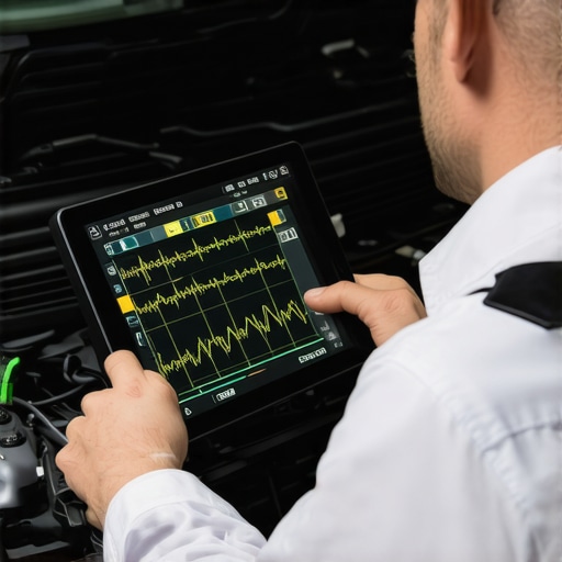 Technician using professional diagnostic tools to find electrical faults in a car engine.