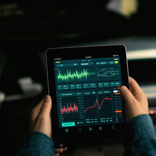 Close up of a mechanic using a professional diagnostic tool to graph live engine data and fuel trims