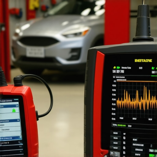 Advanced Bidirectional Diagnostic Scanner in Use A mechanic using a bidirectional scan tool to diagnose transmission issues