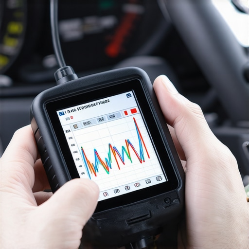 Mechanic using a bidirectional scan tool to view live engine data graphs.
