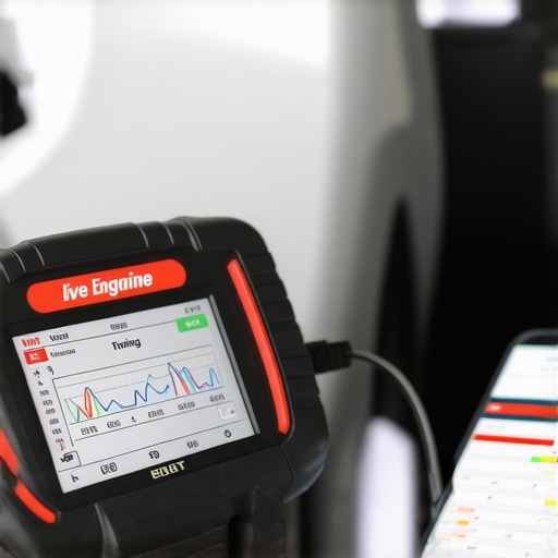 A technician using an OBD-II scanner and smartphone to monitor real-time vehicle diagnostics and engine health.