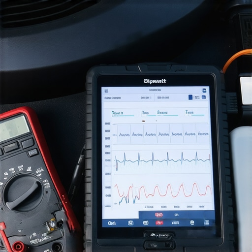 A bidirectional scan tool and multimeter being used for advanced vehicle diagnostics on a modern engine.