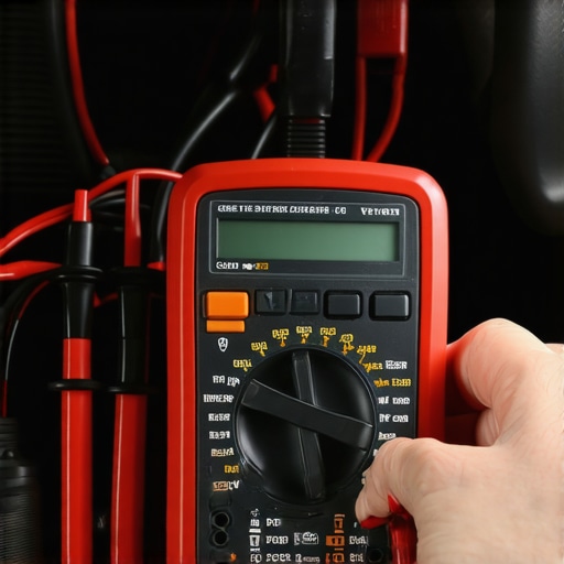 A mechanic using a multimeter to diagnose electrical faults behind a car dashboard.