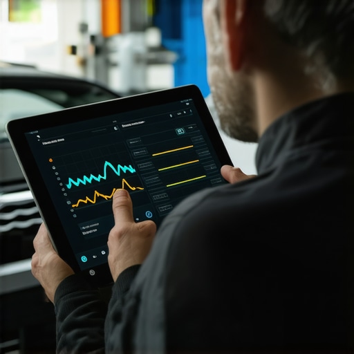 Advanced Engine Diagnostics Live Data Monitoring Technician using a tablet to monitor live vehicle data for accurate diagnostics.
