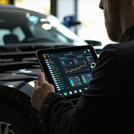 Advanced Vehicle Diagnostics and Data Analysis A mechanic analyzing freeze frame data on a diagnostic scanner to troubleshoot engine issues.