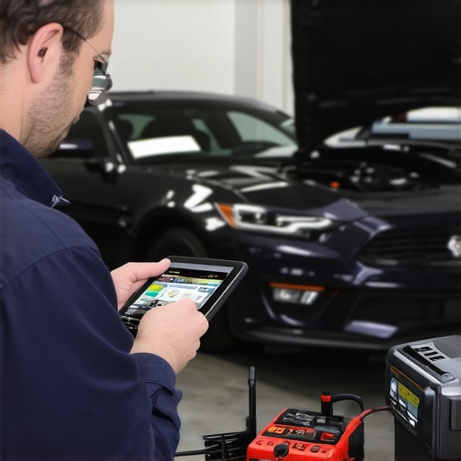 Advanced Vehicle Diagnostics and Testing Tools Mechanic using advanced diagnostic tools to troubleshoot a vehicle's engine computer and sensors.