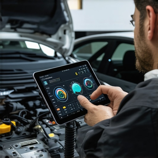 Advanced Vehicle Diagnostics in Action Mechanic using a diagnostic scanner to analyze engine data stream