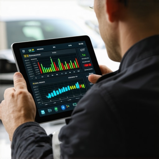 Advanced Vehicle Diagnostics with a Bi-Directional Scanner Mechanic using a diagnostic tablet to check car computer data