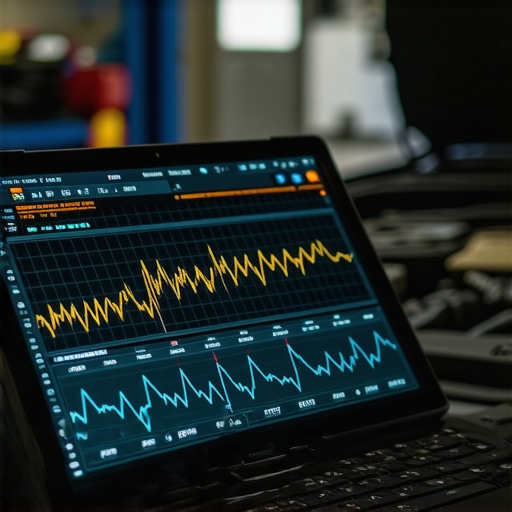 Advanced automotive diagnostic scanner displaying live engine data graphs A professional mechanic's diagnostic tablet showing real-time fuel trim and sensor data wave patterns.