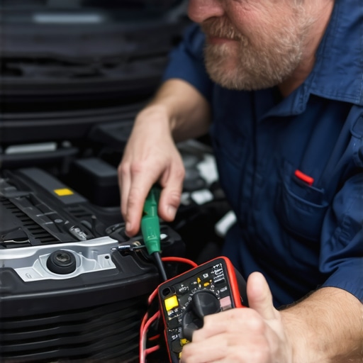Advanced electrical diagnostic testing on a vehicle Mechanic using a multimeter to check for ground wire issues in a car engine bay