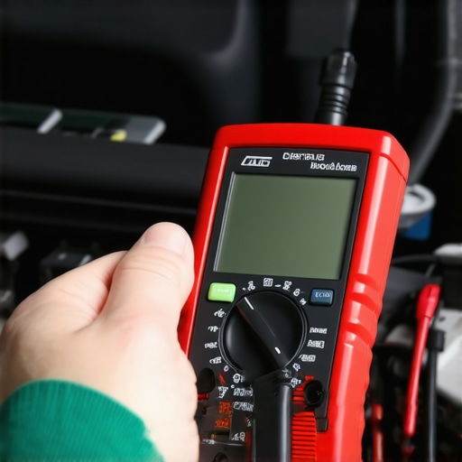 Mechanic using a multimeter to test car engine wiring