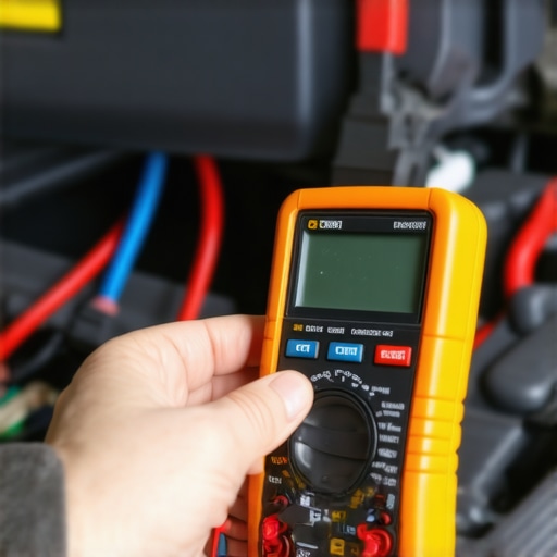 Mechanic performing advanced electrical diagnostics on a car engine using a multimeter