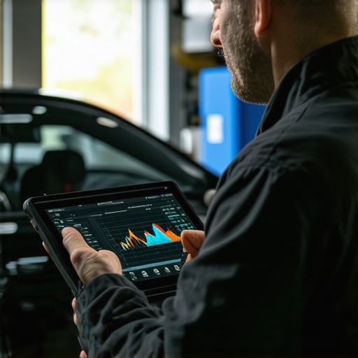 Advanced vehicle diagnostics with digital scanner A mechanic diagnosing a modern car using a digital tablet to read engine data codes.