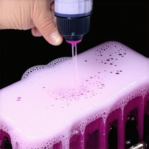 A power steering reservoir showing foamy fluid indicating air in the system.