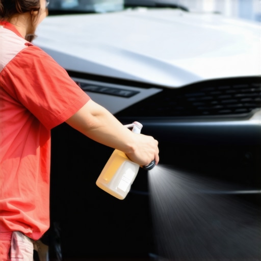 Applying AC disinfectant to car intake vents Cleaning car AC system by spraying disinfectant into the fresh air intake vents