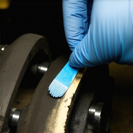 Close-up of brake lubricant being applied to the ears of a new brake pad to prevent squealing.