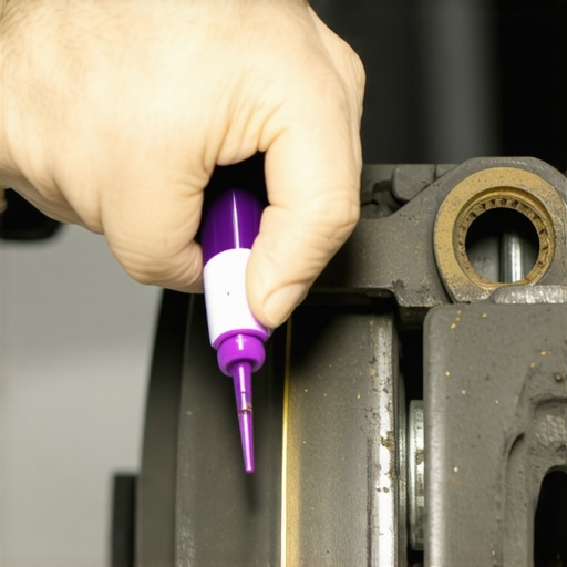 Applying High-Temperature Brake Lubricant Close-up of a mechanic applying specialized purple ceramic grease to the contact points of a new brake pad to prevent noise.