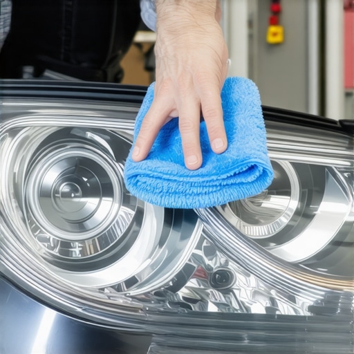 Applying UV Sealant to Restored Headlight A close-up of a person applying a UV-protective coating to a clear car headlight.