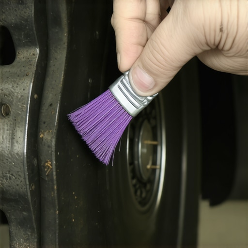Applying lubricant to brake pads Close-up of mechanic lubricating brake pad contact points to prevent squealing