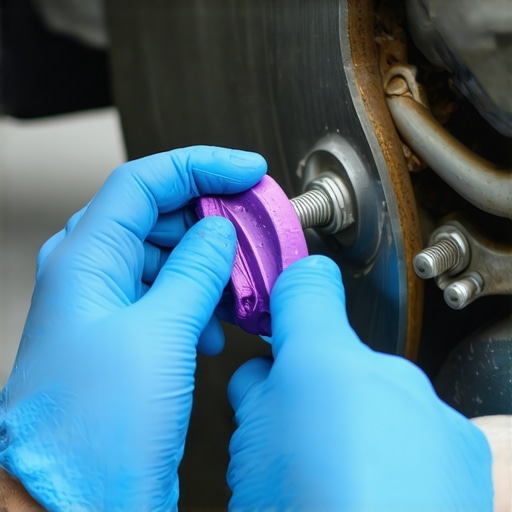 Applying specialized brake lubricant to pad shims Mechanic applying brake grease to the back of a brake pad to prevent squealing noise.