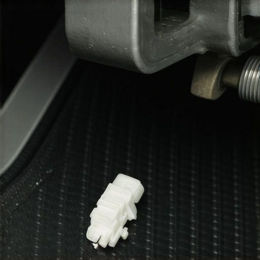 Close up of a crumbled plastic brake stopper illustrating a common mechanical failure leading to stuck brake lights.