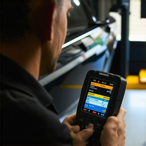 Mechanic using a diagnostic tool to reset the steering angle sensor after a wheel alignment.