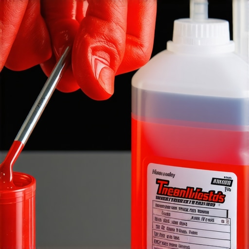 Close up of clean transmission fluid on a dipstick compared to new bottled fluid.