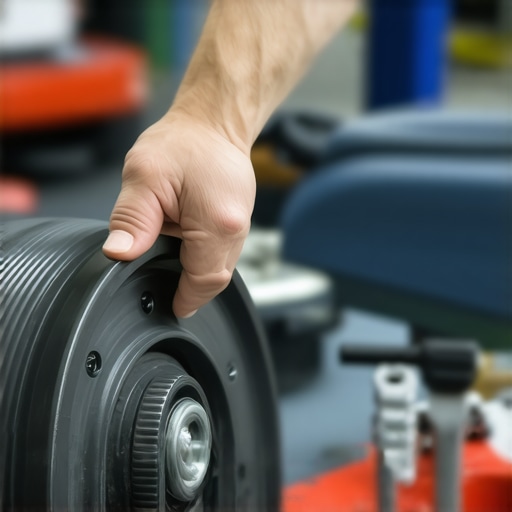 A hand wiggling a car engine water pump pulley to check for bearing failure.