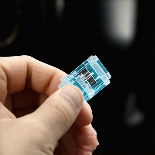 Checking an automotive fuse for a break A hand holding a blue car fuse against the light to see if it is blown.