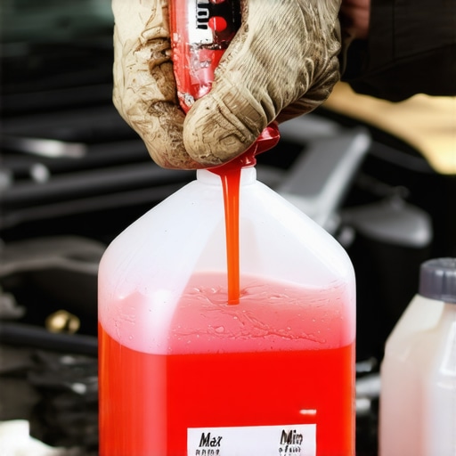A mechanic pouring fresh power steering fluid into a vehicle reservoir to prevent pump noise.