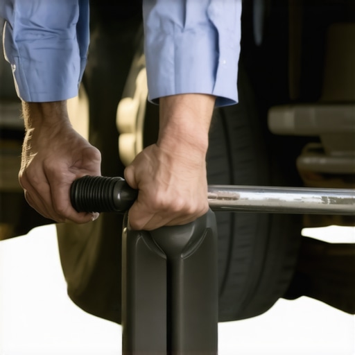 Mechanic using a pry bar to test a car's suspension ball joint for excessive movement