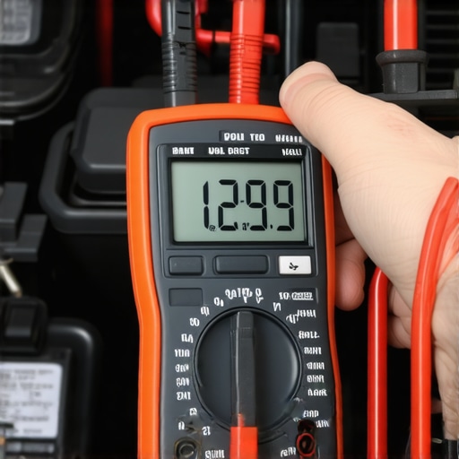Close-up of a digital multimeter showing 12.6 volts on a car battery terminal for DIY diagnostic testing