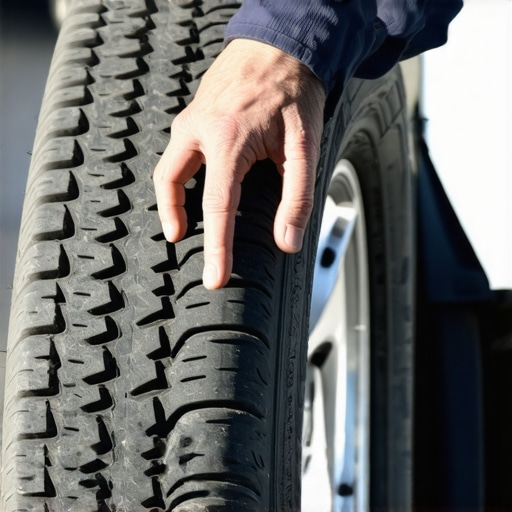Close-up of a hand inspecting uneven tire tread wear patterns