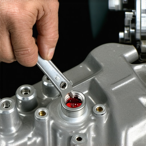 Close-up of a technician checking the fluid level on a sealed transmission unit.