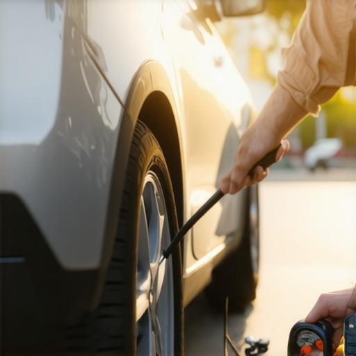 Checking tire pressure to fix car pulling A person uses a pressure gauge to check a car tire to diagnose a steering pull.