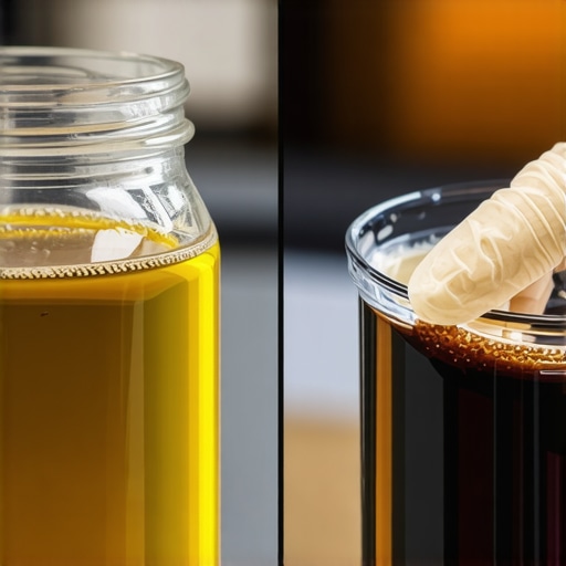 A visual comparison of new brake fluid and old contaminated fluid to show when a flush is needed.