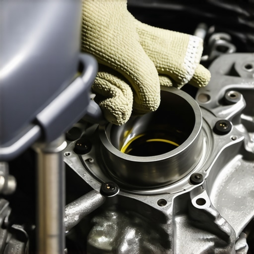 A mechanic cleaning black carbon buildup from a car throttle body to fix a sticky gas pedal.