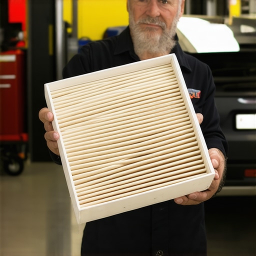 Comparison of dirty and clean cabin air filters A side-by-side comparison of a clogged, gray cabin air filter and a brand new white filter.