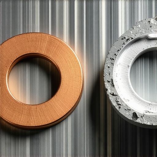 A new copper crush washer next to a worn-out aluminum one on a workbench.