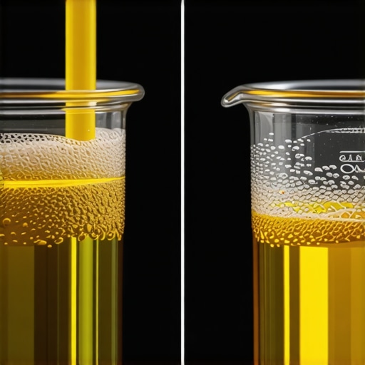 Contaminated vs Fresh Brake Fluid A side-by-side comparison of fresh honey-colored brake fluid and dark brown contaminated fluid.