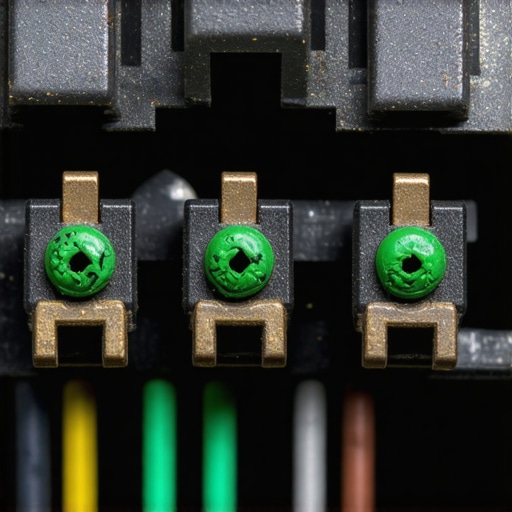 Corroded Car Electrical Connector Close-up view of a damaged and corroded automotive wire harness connector showing green oxidation.